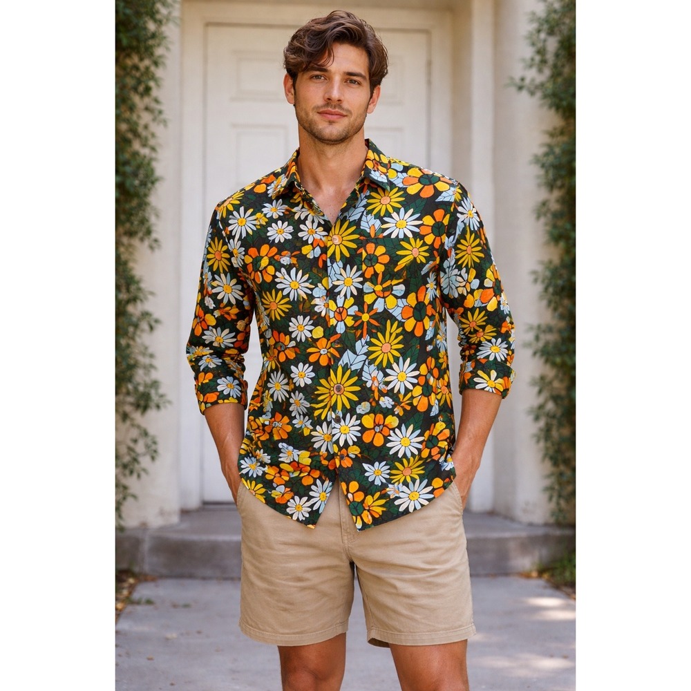 Super Massive Floral Peace Sign Shirt Mens Large Green Orange Retro Hippie Bold